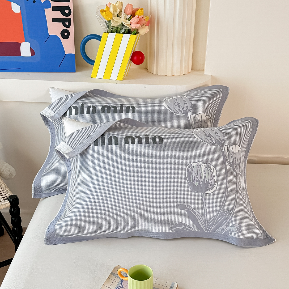 沐瑟家纺 2025新款亲肤柔软纱布小米格枕巾 郁金香-浅灰色 52*78cm枕巾/对