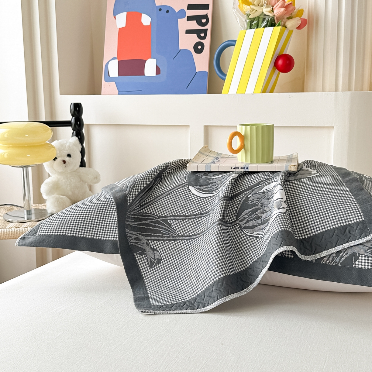 91家纺网 家纺一手货源 找家纺 沐瑟家纺 2025新款亲肤柔软纱布小米格枕巾 郁金香-深灰 52*78cm枕巾/对