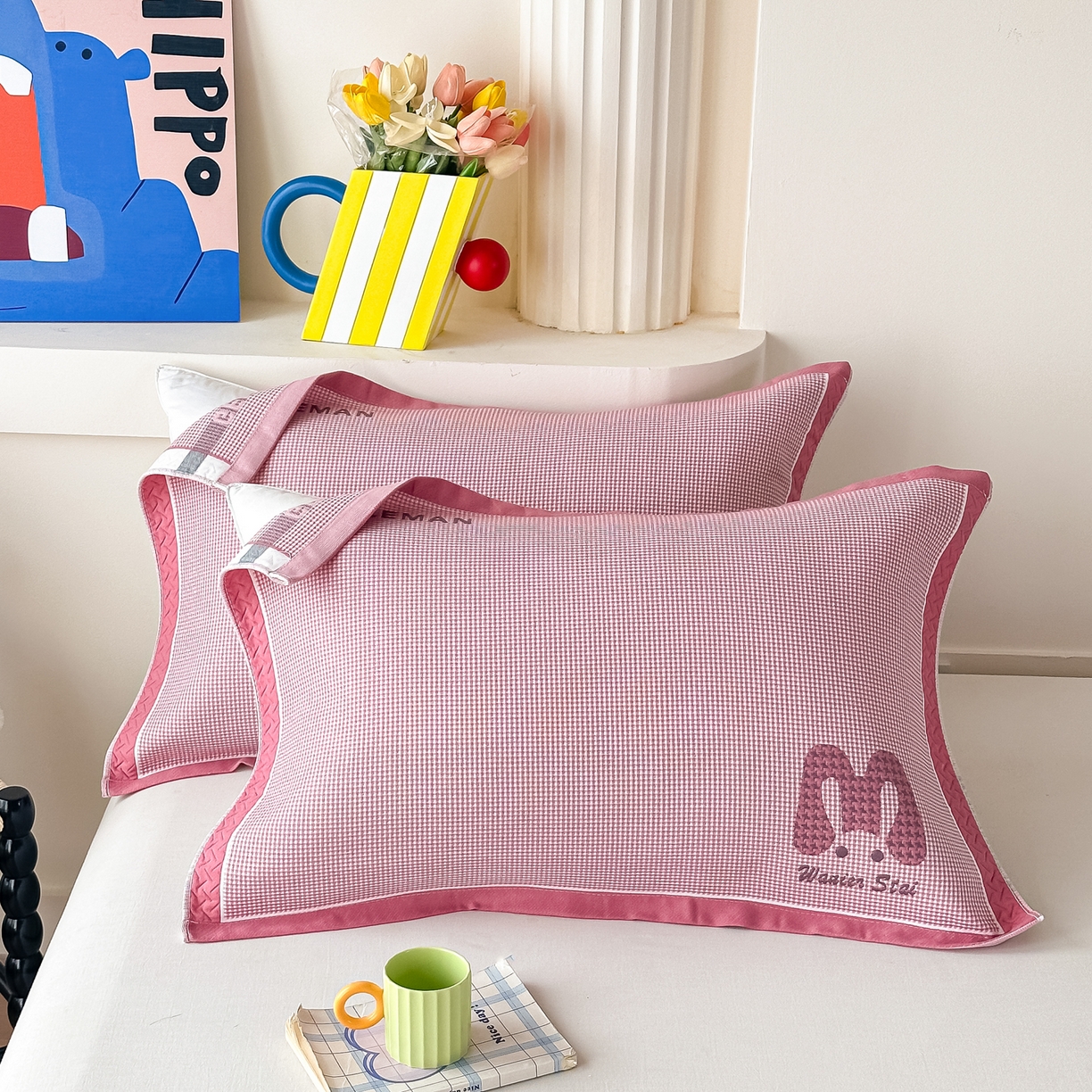 沐瑟家纺 2025新款亲肤柔软纱布小米格枕巾 M兔-粉色 52*78cm枕巾/只