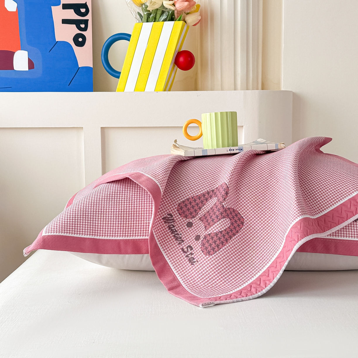 91家纺网 家纺一手货源 找家纺 沐瑟家纺 2025新款亲肤柔软纱布小米格枕巾 M兔-粉色 52*78cm枕巾/只