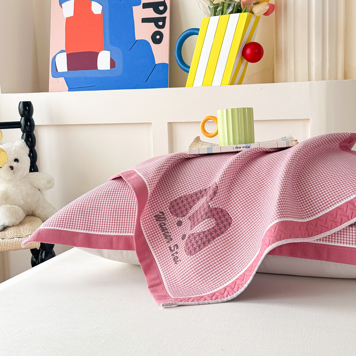 91家纺网 家纺一手货源 找家纺 沐瑟家纺 2025新款亲肤柔软纱布小米格枕巾 M兔-粉色 52*78cm枕巾/只