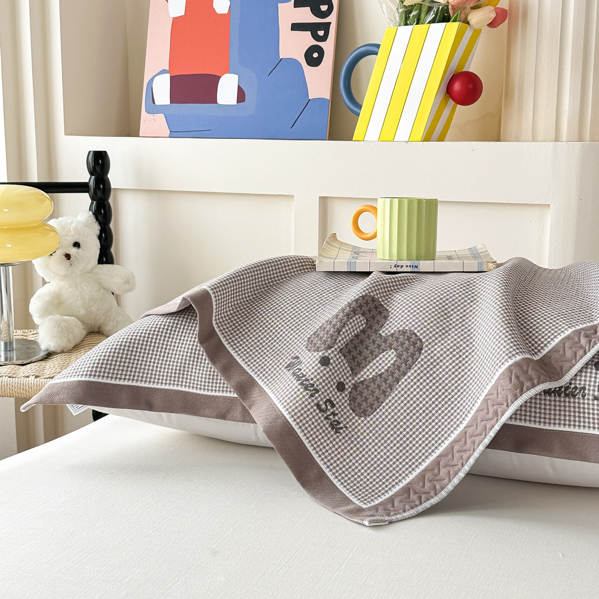 91家纺网 家纺一手货源 找家纺 沐瑟家纺 2025新款亲肤柔软纱布小米格枕巾 M兔-咖色 52*78cm枕巾/对