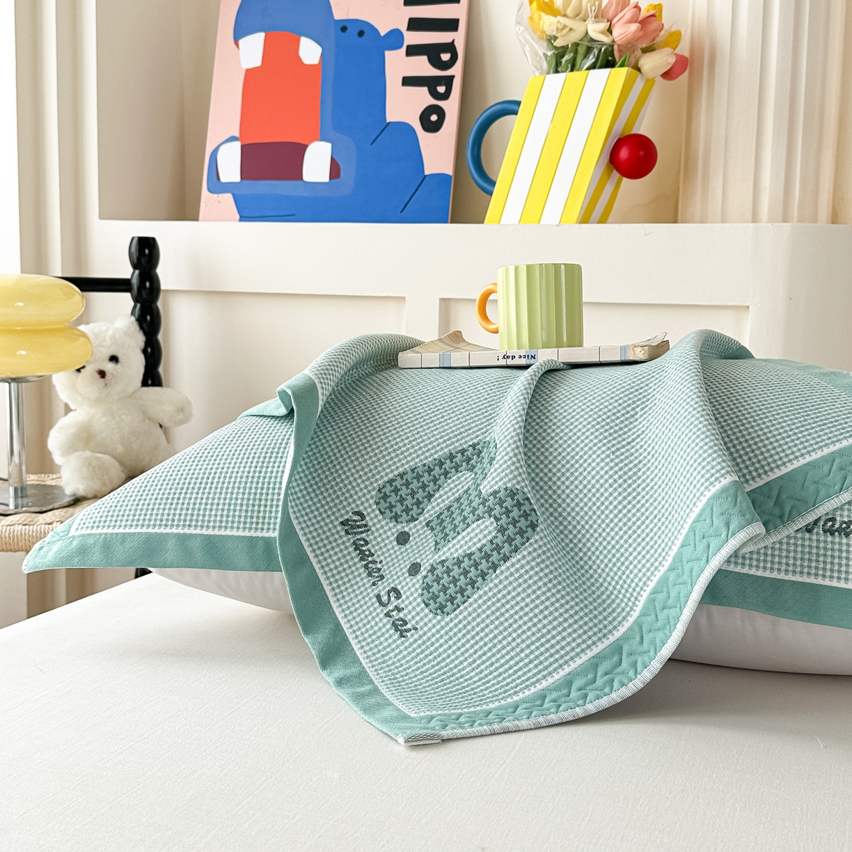 91家纺网 家纺一手货源 找家纺 沐瑟家纺 2025新款亲肤柔软纱布小米格枕巾 M兔-绿色 52*78cm枕巾/只