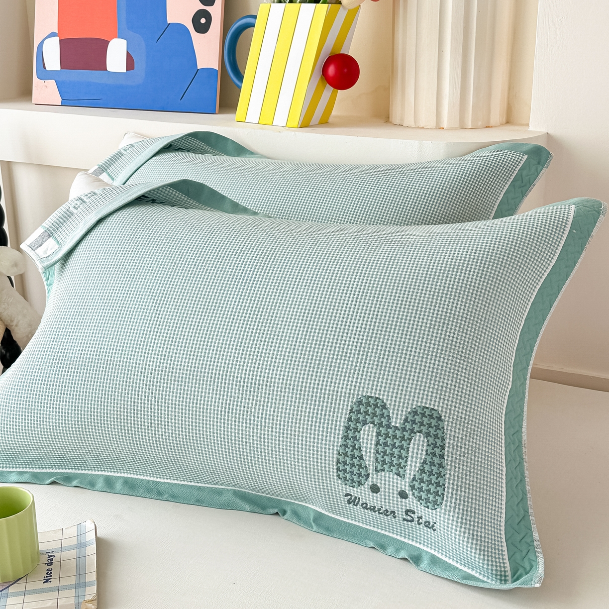 91家纺网 家纺一手货源 找家纺 沐瑟家纺 2025新款亲肤柔软纱布小米格枕巾 M兔-绿色 52*78cm枕巾/对