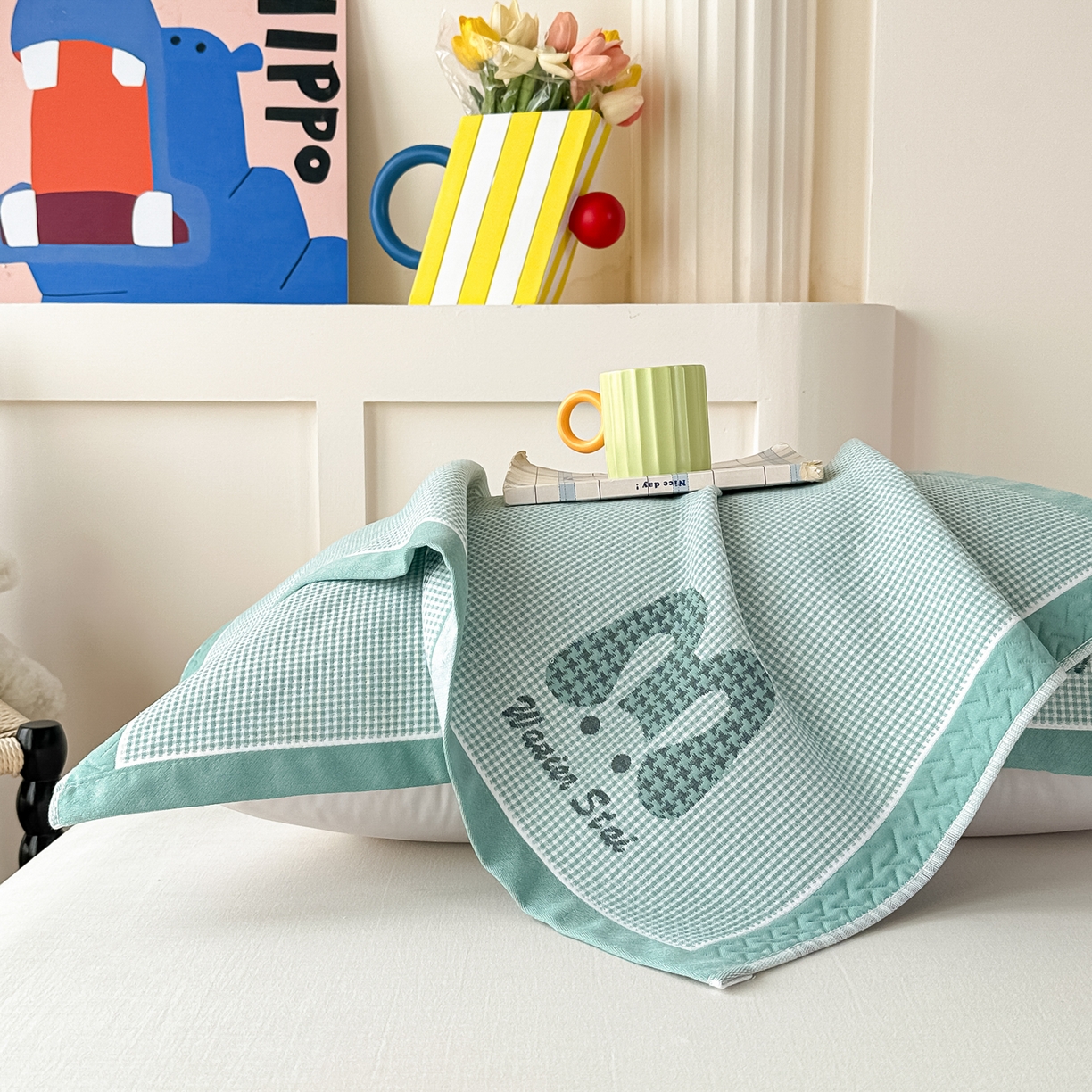 91家纺网 家纺一手货源 找家纺 沐瑟家纺 2025新款亲肤柔软纱布小米格枕巾 M兔-绿色 52*78cm枕巾/对