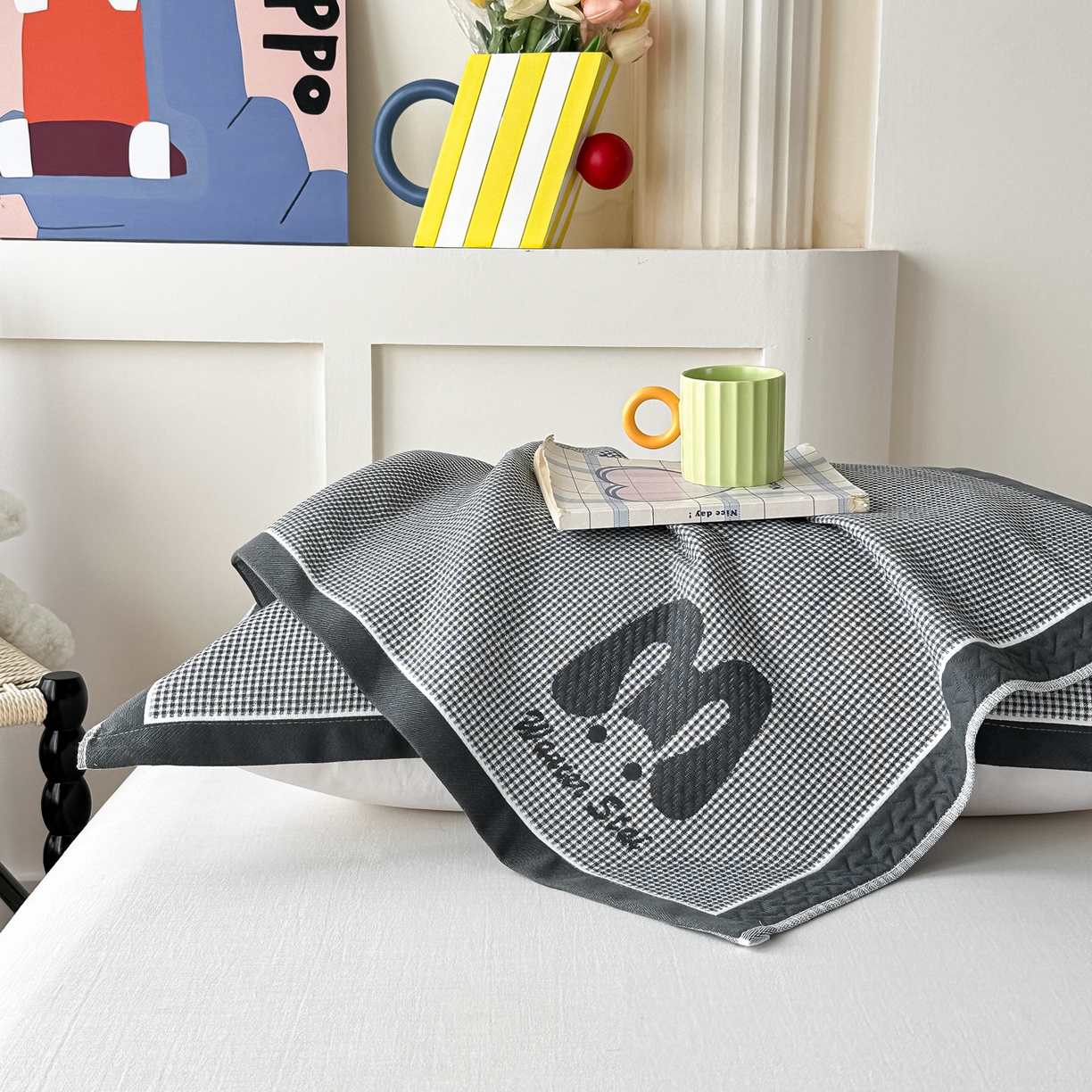 91家纺网 家纺一手货源 找家纺 沐瑟家纺 2025新款亲肤柔软纱布小米格枕巾 M兔-深灰 52*78cm枕巾/对