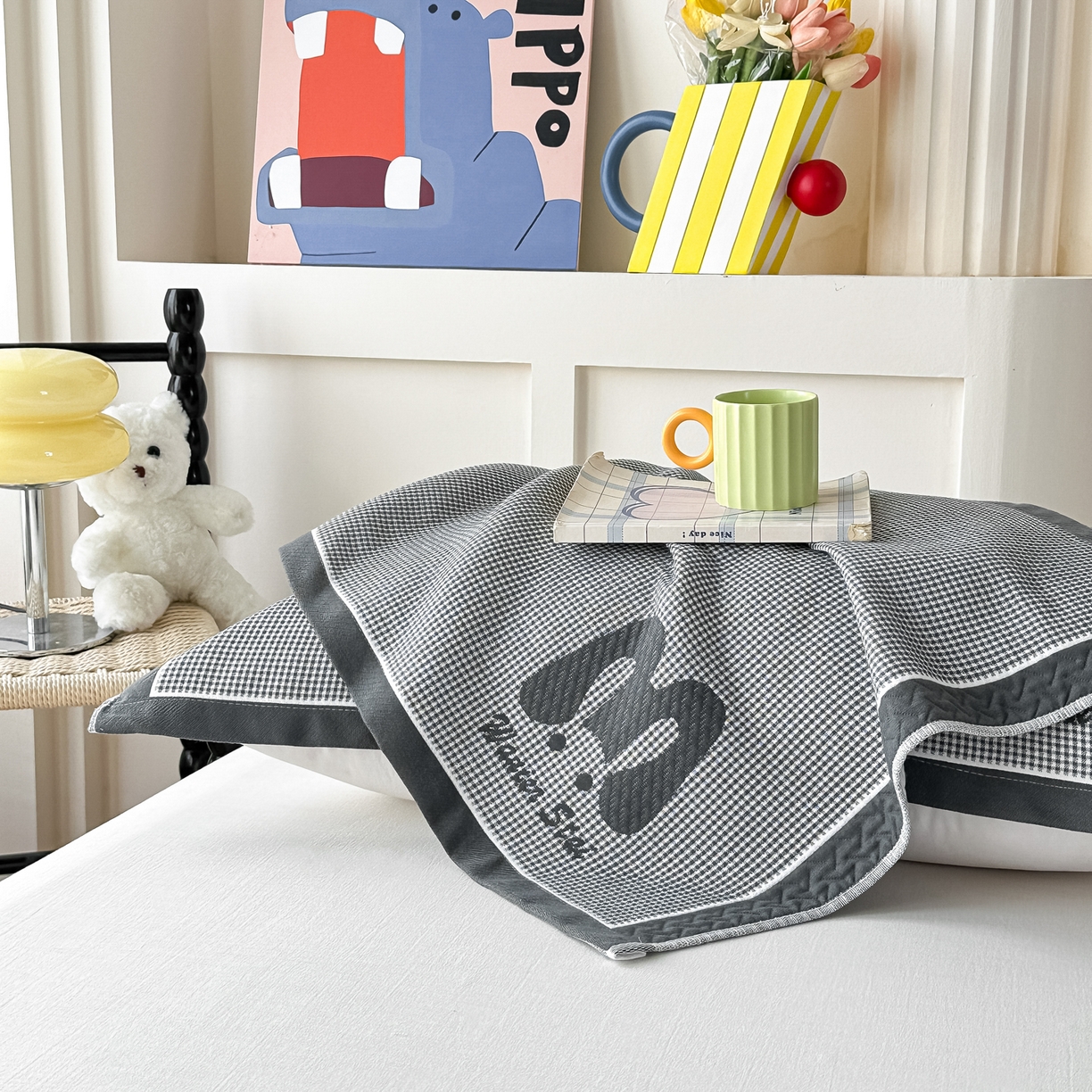 91家纺网 家纺一手货源 找家纺 沐瑟家纺 2025新款亲肤柔软纱布小米格枕巾 M兔-深灰 52*78cm枕巾/对