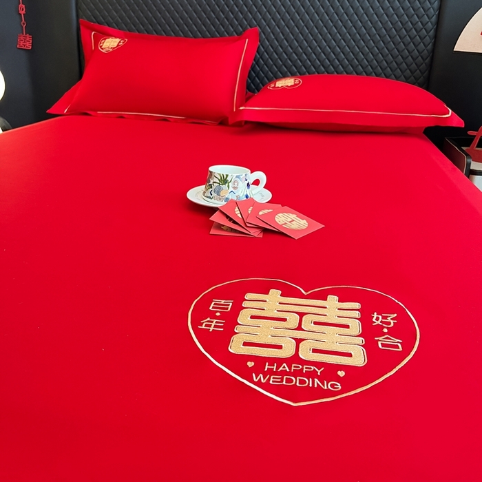 91家纺网 家纺一手货源 找家纺 （总）极梦家纺 2025新款大红婚庆床笠三件套床垫保护套