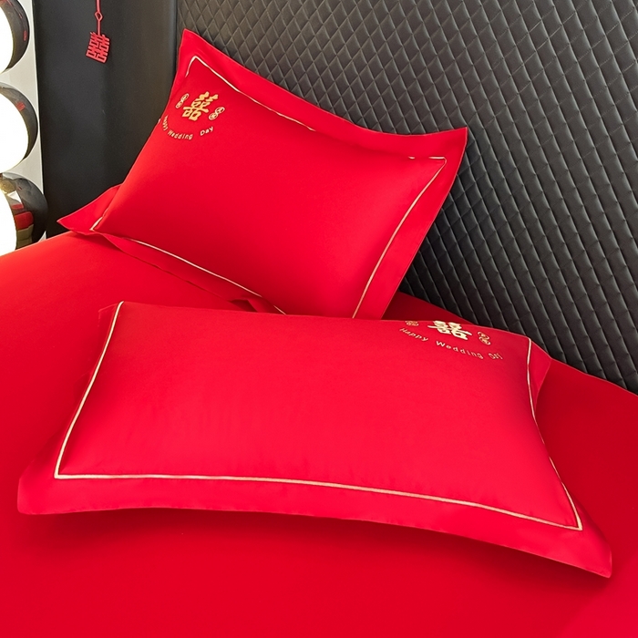91家纺网 家纺一手货源 找家纺 极梦家纺 2025新款大红婚庆床笠三件套床垫保护套 喜结良缘床笠款