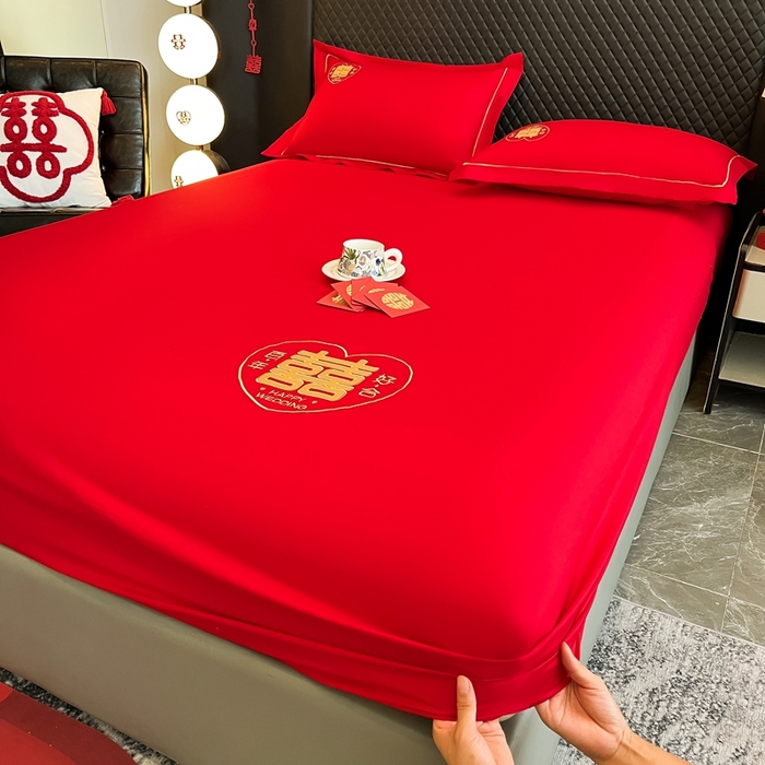 91家纺网 家纺一手货源 找家纺 （总）极梦家纺 2025新款大红婚庆床笠三件套床垫保护套