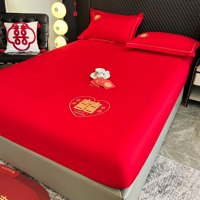 91家纺网 家纺一手货源 找家纺 极梦家纺 2025新款大红婚庆床笠三件套床垫保护套 百年好合床笠款