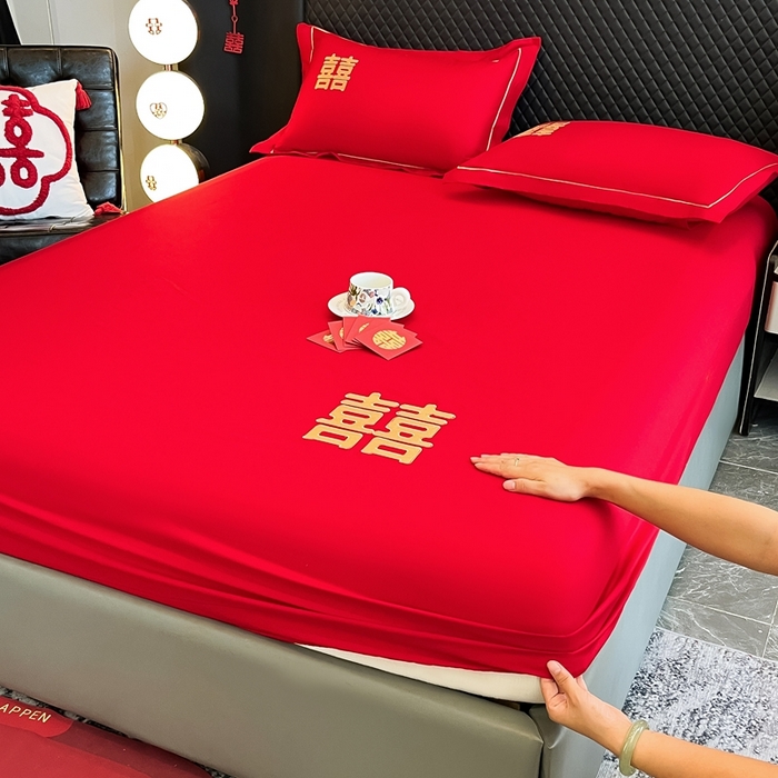 极梦家纺 2025新款大红婚庆床笠三件套床垫保护套 双喜临门床笠款