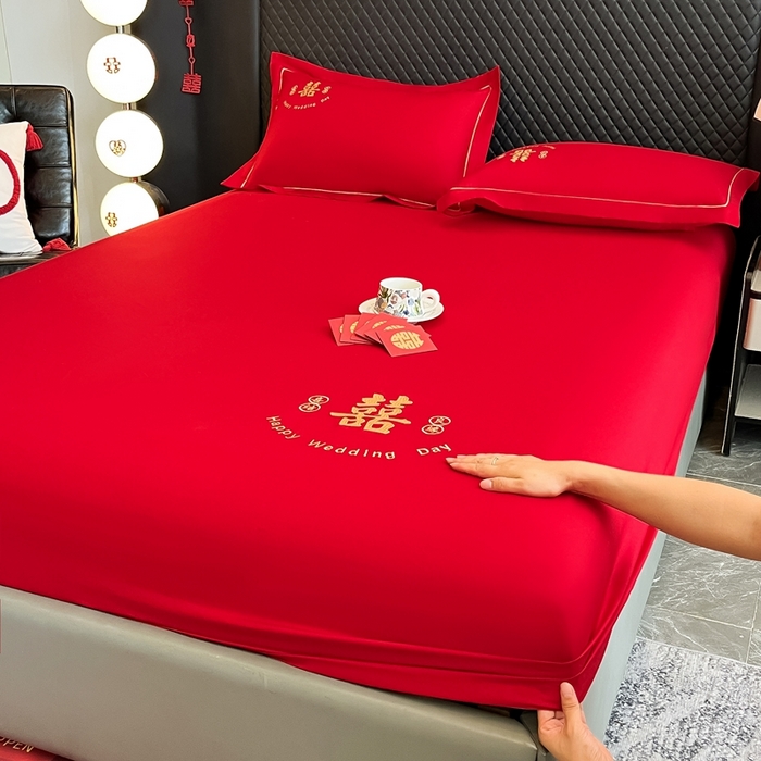 极梦家纺 2025新款大红婚庆床笠三件套床垫保护套 喜结良缘床笠款