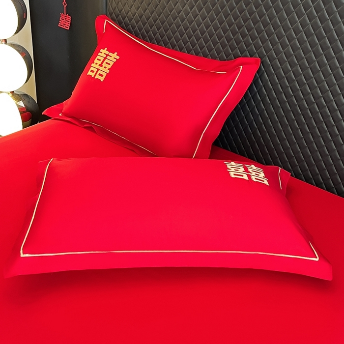 91家纺网 家纺一手货源 找家纺 极梦家纺 2025新款大红婚庆床笠三件套床垫保护套 双喜临门床笠款