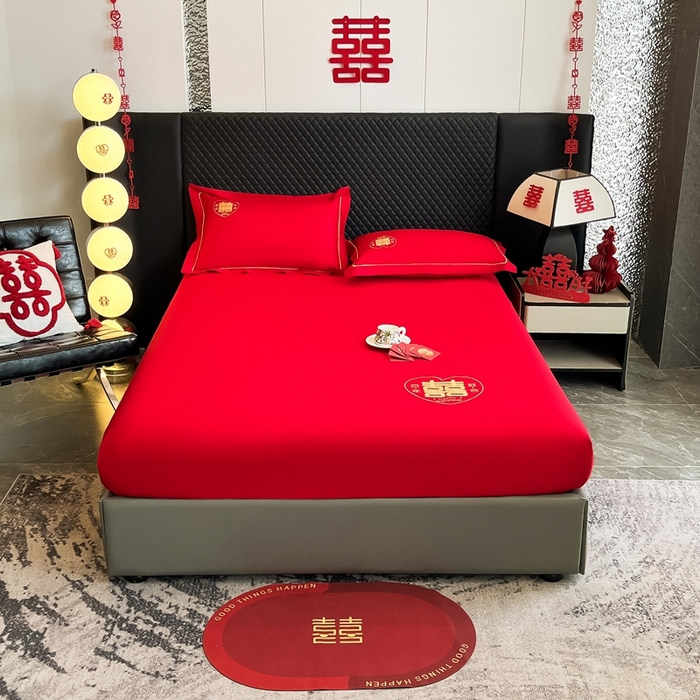 91家纺网 家纺一手货源 找家纺 极梦家纺 2025新款大红婚庆床笠三件套床垫保护套 百年好合床笠款