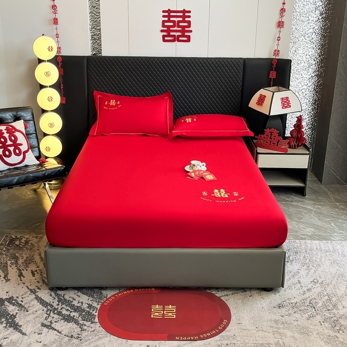 91家纺网 家纺一手货源 找家纺 极梦家纺 2025新款大红婚庆床笠三件套床垫保护套 喜结良缘床笠款