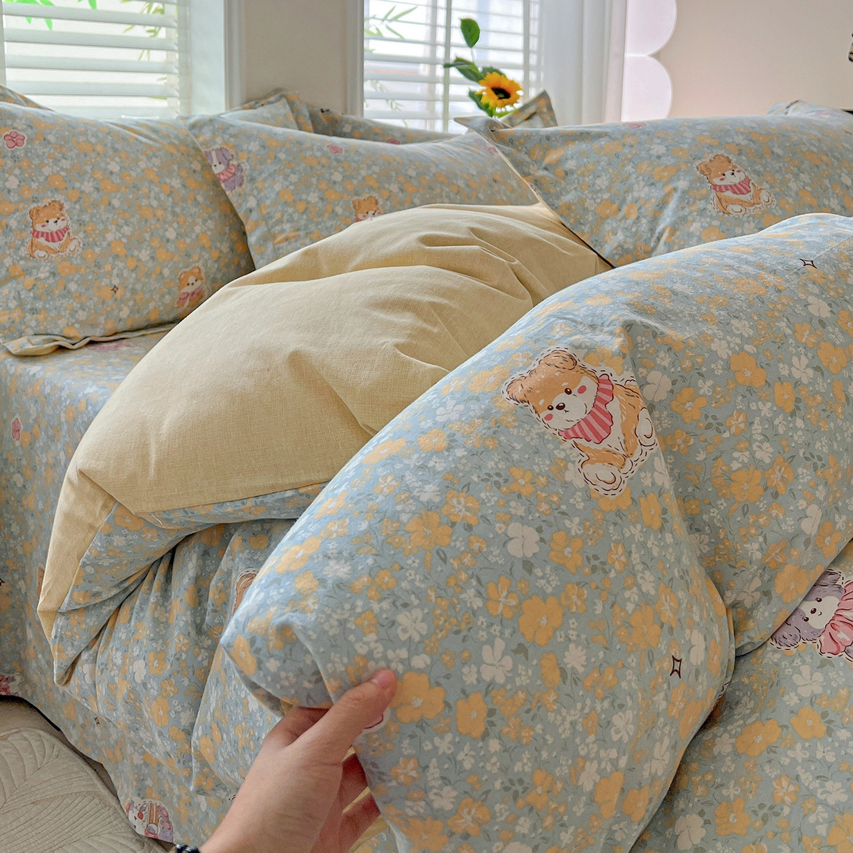 91家纺网 家纺一手货源 找家纺 依庭 2025新款高克重全棉纯棉磨毛印花四件套 清新花园