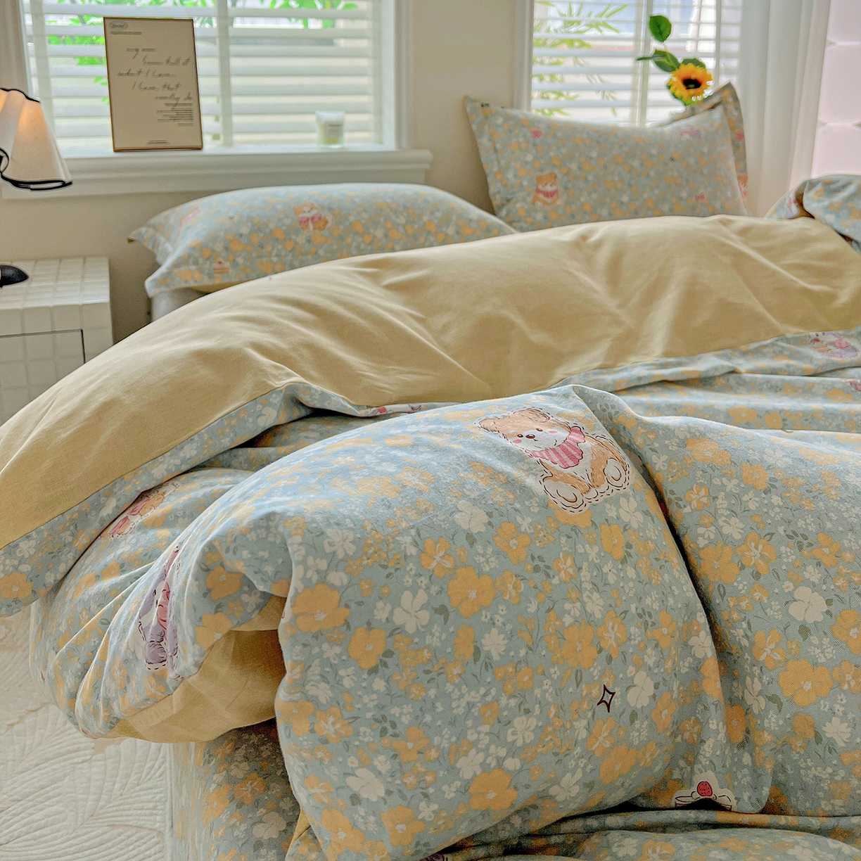 91家纺网 家纺一手货源 找家纺 依庭 2025新款高克重全棉纯棉磨毛印花四件套 清新花园