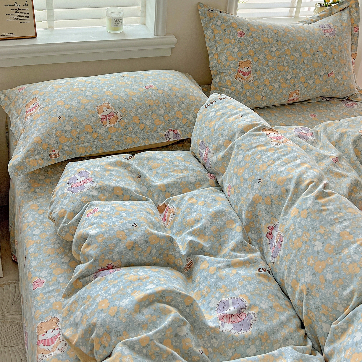 91家纺网 家纺一手货源 找家纺 依庭 2025新款高克重全棉纯棉磨毛印花四件套 清新花园