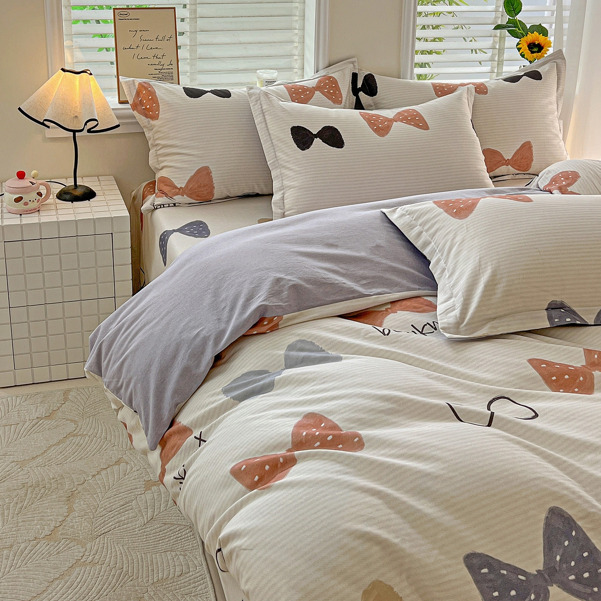 91家纺网 家纺一手货源 找家纺 依庭 2025新款高克重全棉纯棉磨毛印花四件套 笙白-桔