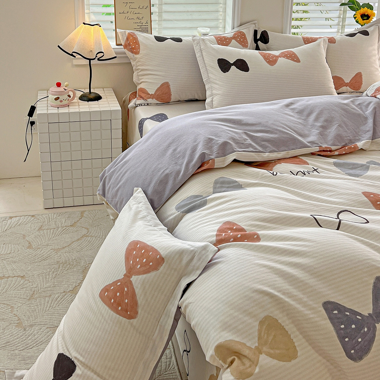 91家纺网 家纺一手货源 找家纺 依庭 2025新款高克重全棉纯棉磨毛印花四件套 笙白-桔