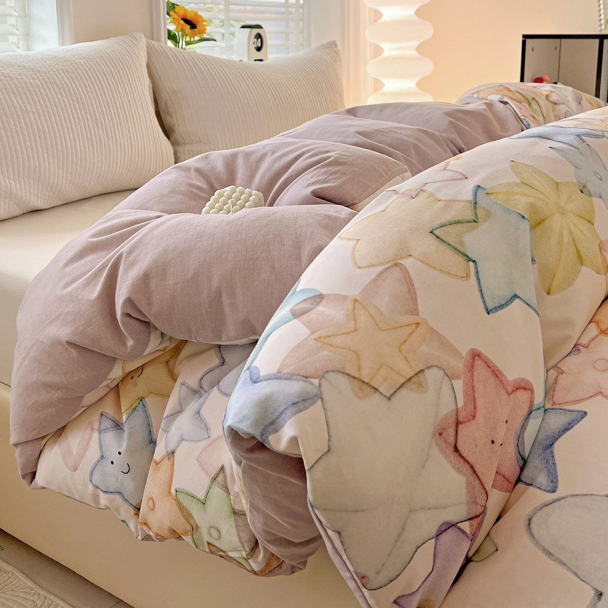 91家纺网 家纺一手货源 找家纺 依庭 2025新款高克重全棉纯棉磨毛印花四件套 星晚-粉