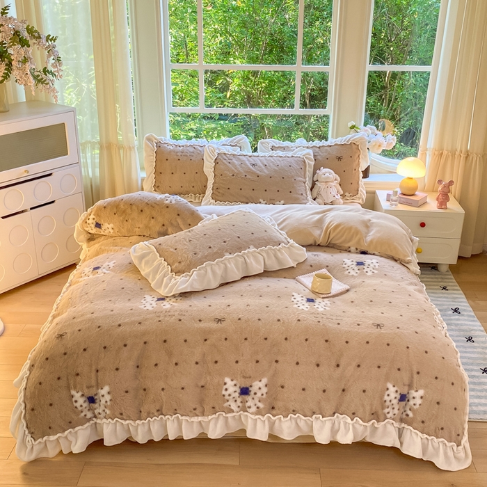 91家纺网 家纺一手货源 找家纺 （总）米可 2025新款兔毛绒花边牛奶绒四件套