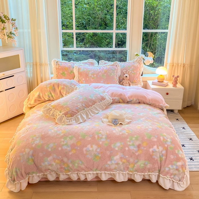 米可 2025新款兔毛绒花边牛奶绒四件套 柔韵-粉