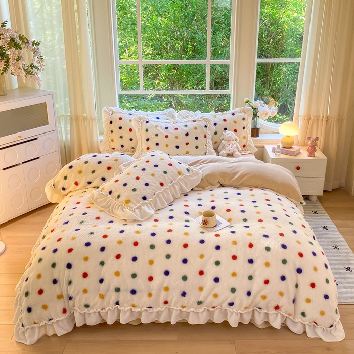 米可 2025新款兔毛绒花边牛奶绒四件套 彩色波点