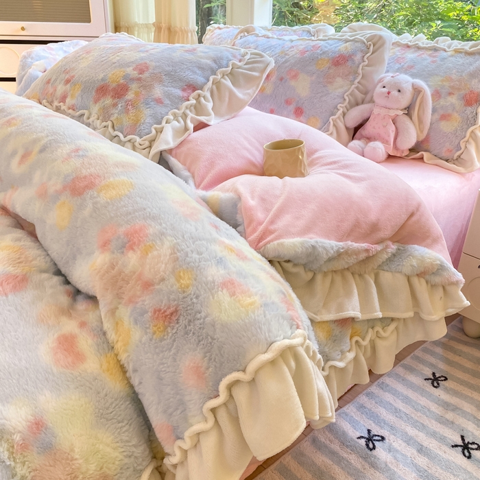 91家纺网 家纺一手货源 找家纺 米可 2025新款兔毛绒花边牛奶绒四件套 柔韵-蓝