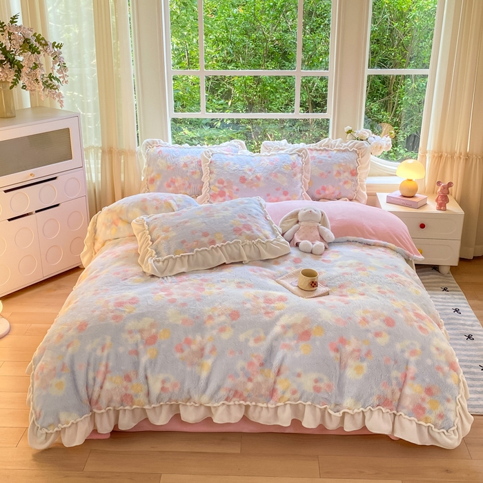 米可 2025新款兔毛绒花边牛奶绒四件套 柔韵-蓝