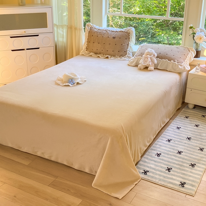 91家纺网 家纺一手货源 找家纺 米可 2025新款兔毛绒花边牛奶绒四件套 可爱蝴蝶结-咖