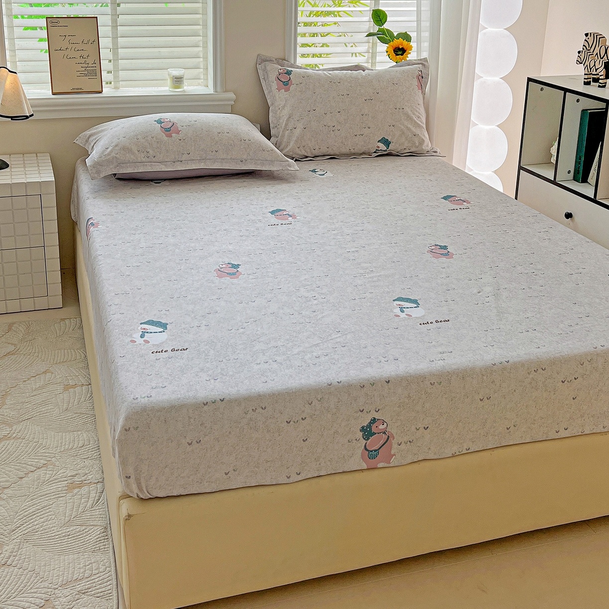 91家纺网 家纺一手货源 找家纺 依庭 2025新款高克重全棉纯棉磨毛印花四件套 幸福小熊