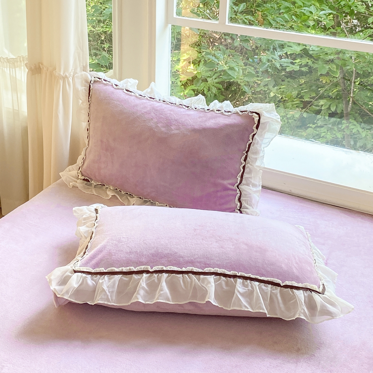 91家纺网 家纺一手货源 找家纺 二八年华 2025新款韩式花边款牛奶绒四件套 鸢紫