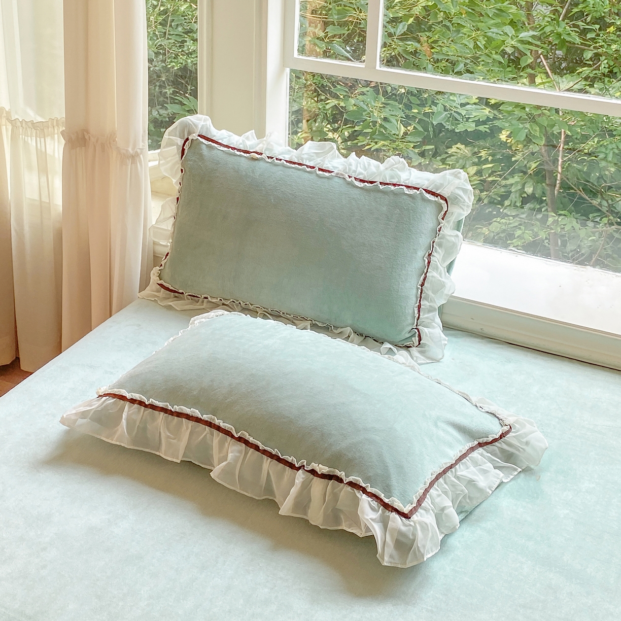 91家纺网 家纺一手货源 找家纺 二八年华 2025新款韩式花边款牛奶绒四件套 水绿