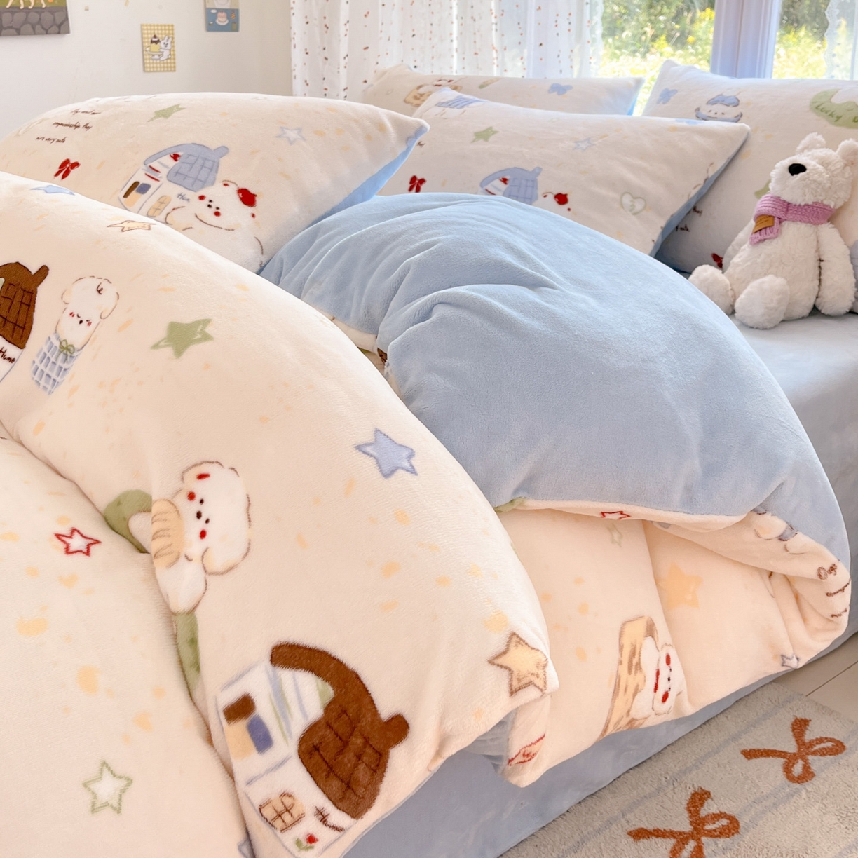 麦伦家居 2025新款双面200g牛奶绒四件套 汪汪暖居