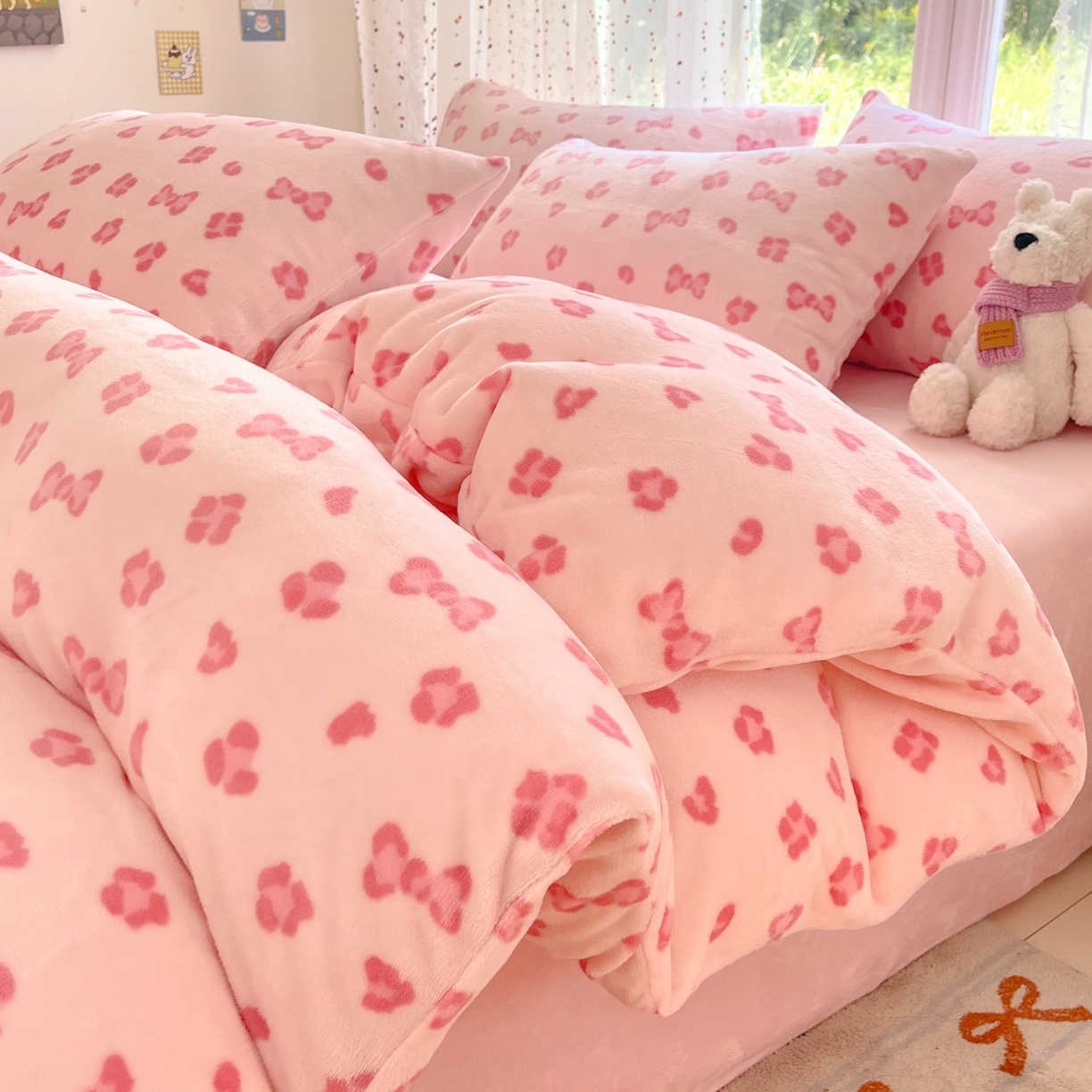 麦伦家居 2025新款双面200g牛奶绒四件套 花花蝴蝶结-粉