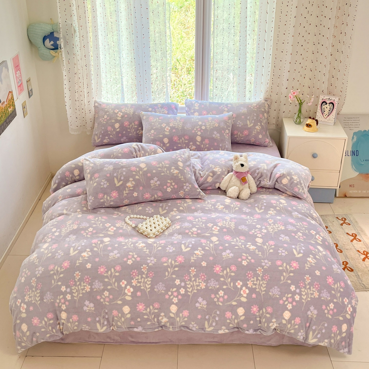 91家纺网 家纺一手货源 找家纺 麦伦家居 2025新款双面200g牛奶绒四件套 月下花影-紫