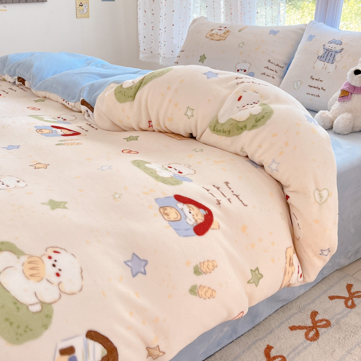 91家纺网 家纺一手货源 找家纺 麦伦家居 2025新款双面200g牛奶绒四件套 汪汪暖居