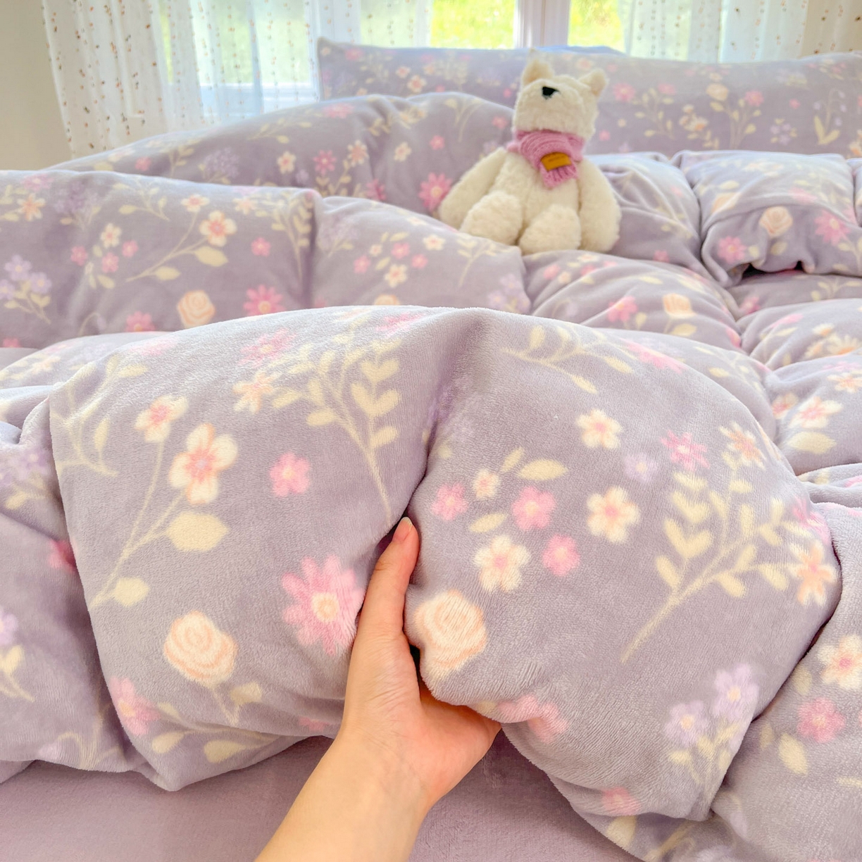 91家纺网 家纺一手货源 找家纺 麦伦家居 2025新款双面200g牛奶绒四件套 月下花影-紫