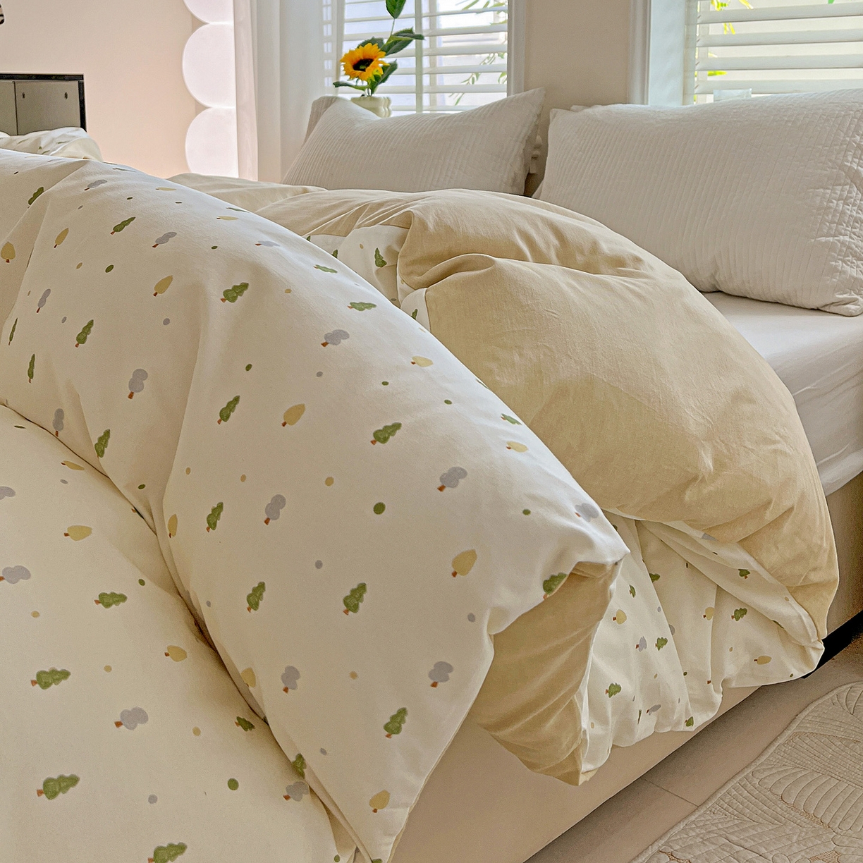 91家纺网 家纺一手货源 找家纺 依庭 2025新款高克重全棉纯棉磨毛印花四件套 叶叶情深