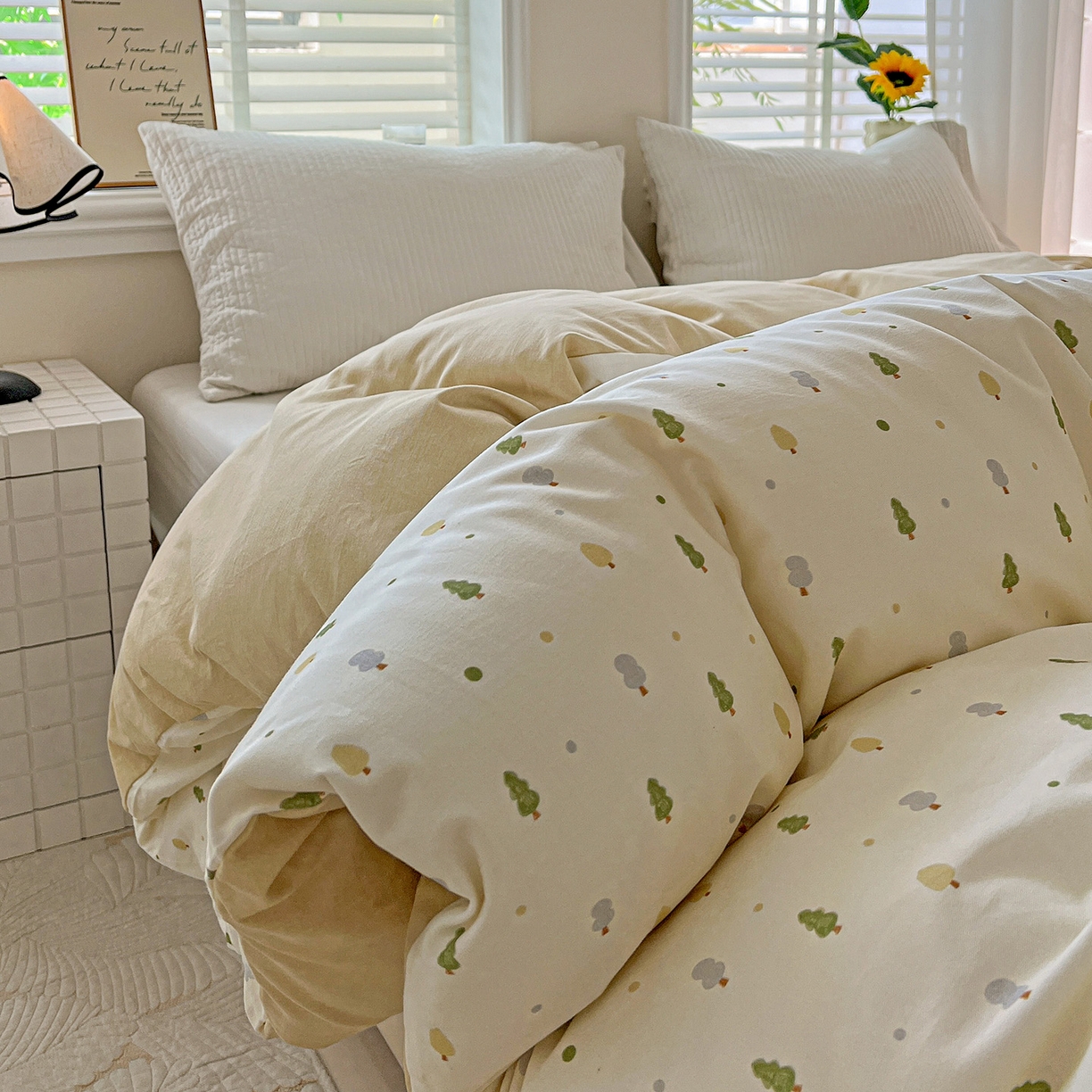 91家纺网 家纺一手货源 找家纺 依庭 2025新款高克重全棉纯棉磨毛印花四件套 叶叶情深