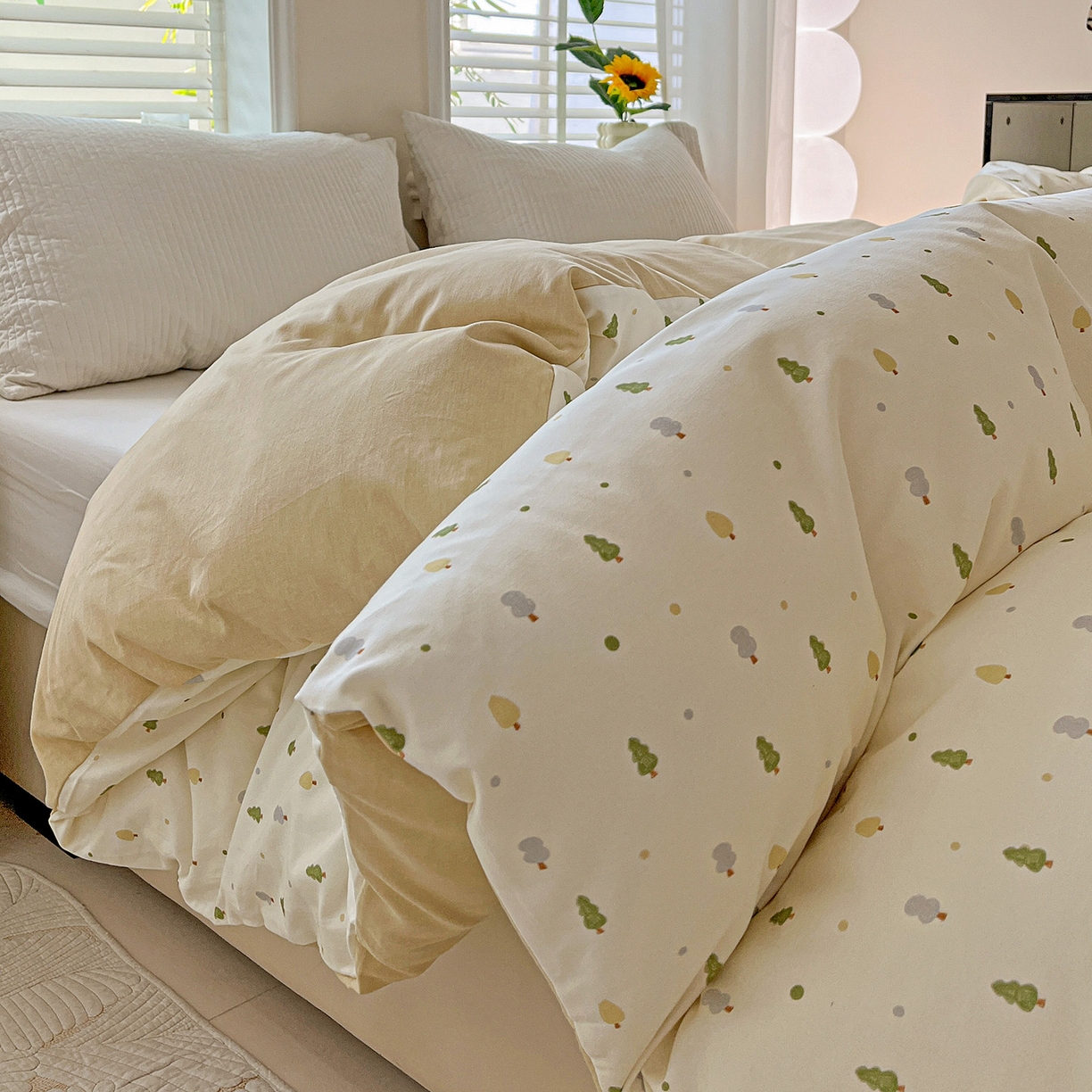 91家纺网 家纺一手货源 找家纺 依庭 2025新款高克重全棉纯棉磨毛印花四件套 叶叶情深