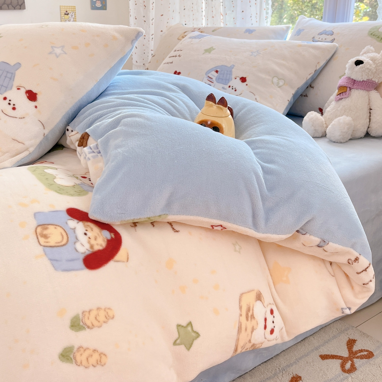 91家纺网 家纺一手货源 找家纺 麦伦家居 2025新款双面200g牛奶绒四件套 汪汪暖居