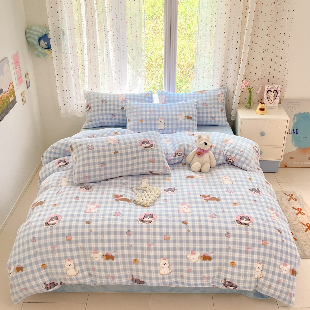 91家纺网 家纺一手货源 找家纺 麦伦家居 2025新款双面200g牛奶绒四件套 甜梦乐园-蓝