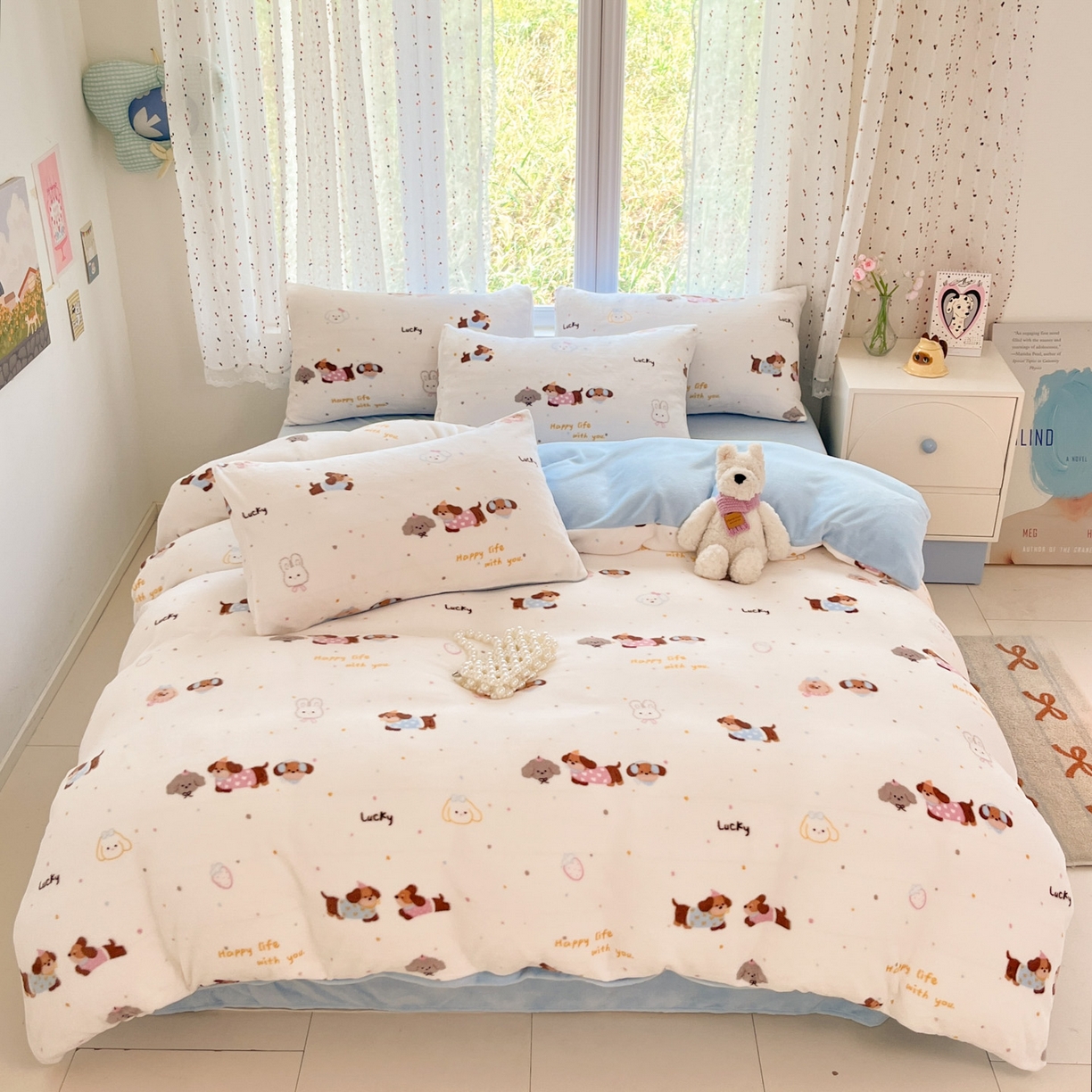 91家纺网 家纺一手货源 找家纺 麦伦家居 2025新款双面200g牛奶绒四件套 幸运狗狗