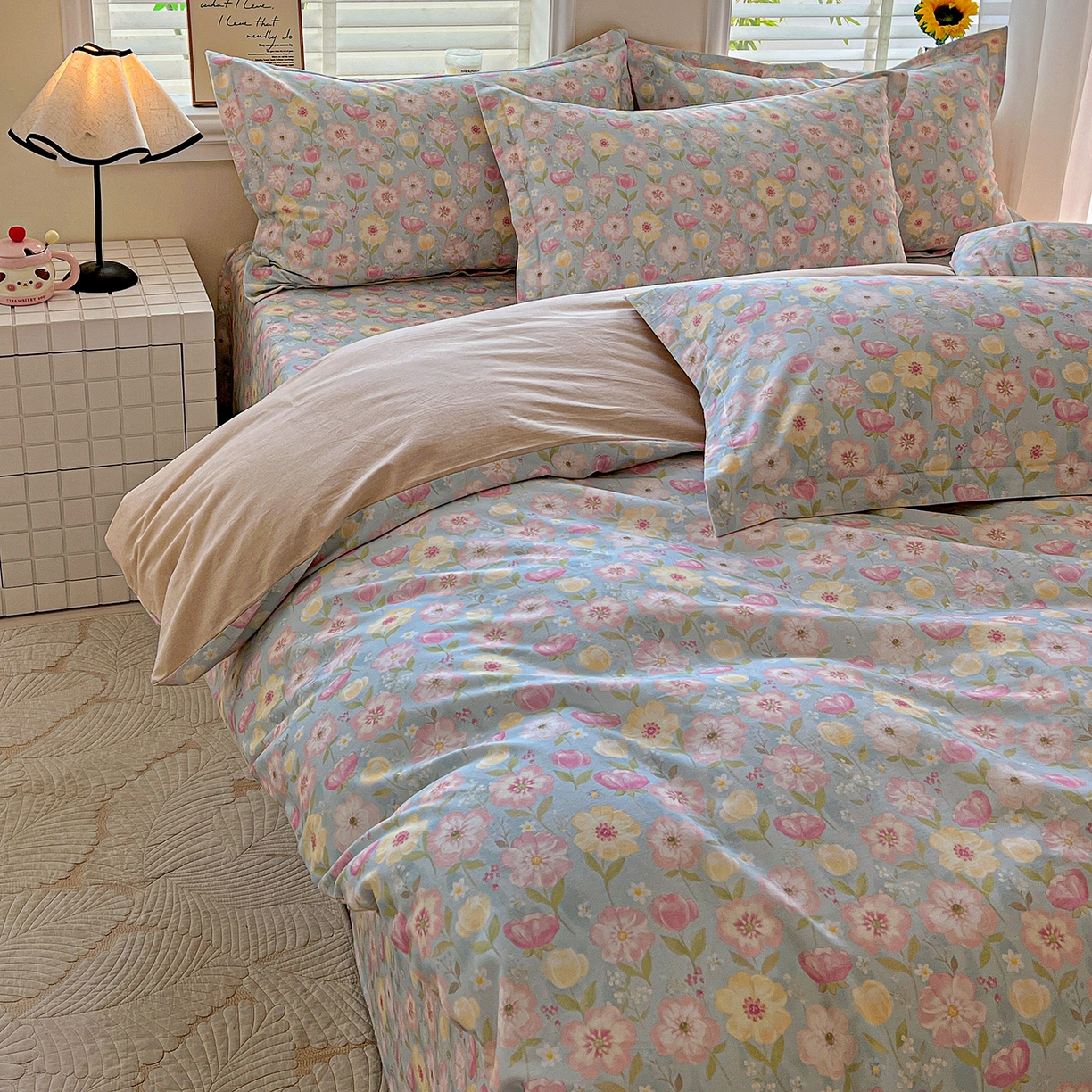 91家纺网 家纺一手货源 找家纺 依庭 2025新款高克重全棉纯棉磨毛印花四件套 樱絮仙踪