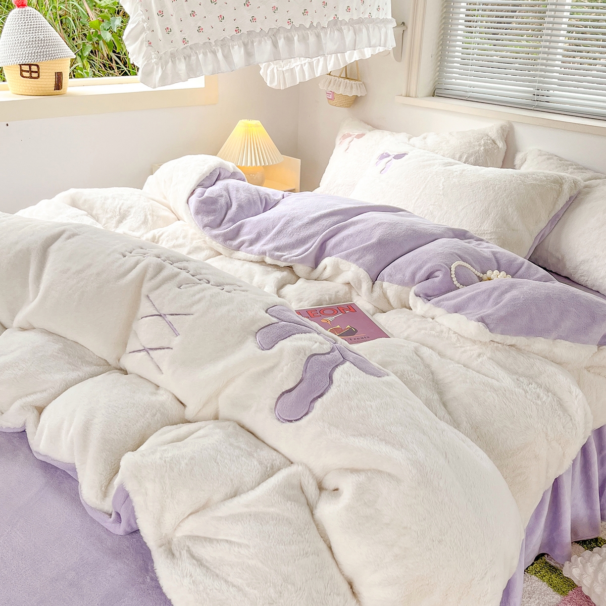 麦朵家居 2025新款高克重兔毛贴布绣牛奶绒四件套雕花绒法莱绒四件套兔兔绒四件套床笠三件套 兔毛-紫色