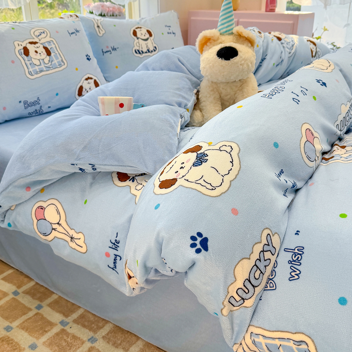 91家纺网 家纺一手货源 找家纺 枋梢家纺 2025新款加厚牛奶绒保暖四件套 幸运小狗