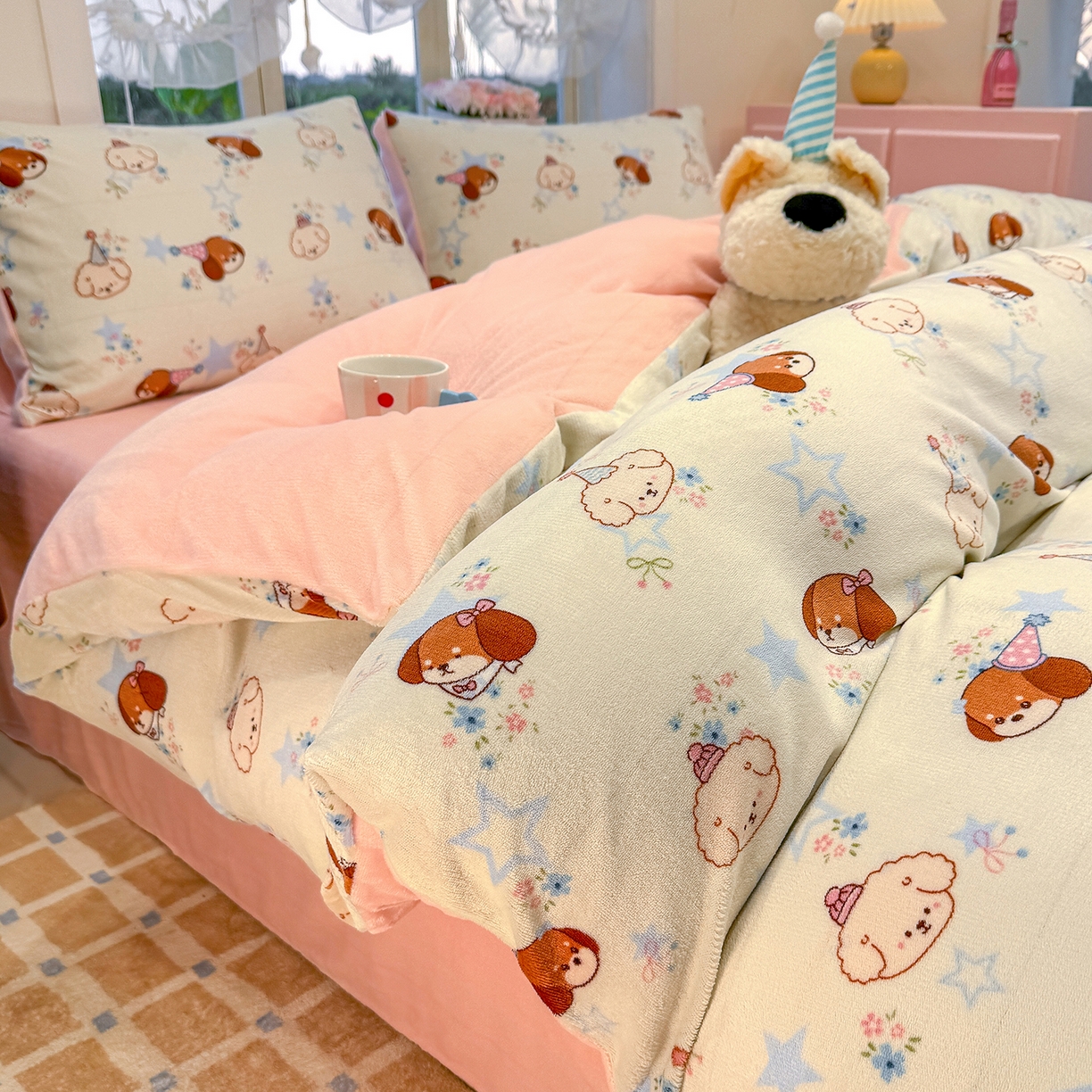 91家纺网 家纺一手货源 找家纺 枋梢家纺 2025新款加厚牛奶绒保暖四件套 星星小狗